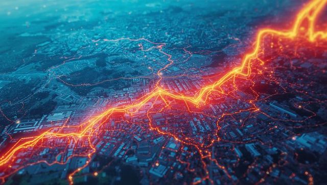 Neon Line Tracing Urban Grid with Glowing Network Nodes, Smart City Data Flow