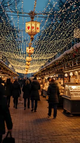 Bundled Shoppers Strolling Festive Winter Market Alley Lit by Lanterns and String Lights