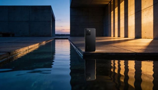 Sleek black smartphone standing on modern concrete terrace dusk reflecting in golden water