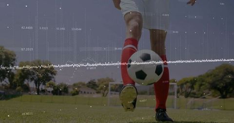 Football Player Dribbling with Data Analysis Overlay on Field