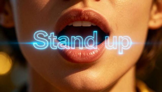 Glossy lips speaking neon stand up glowing across mouth close-up portrait warm bokeh