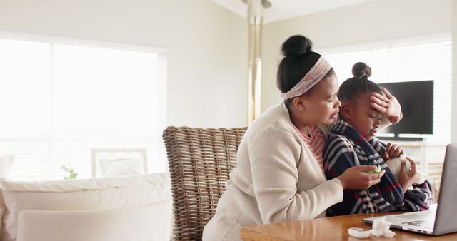 Mother Comforting Sick Daughter at Home with Medicine - Download Free Stock Images Pikwizard.com