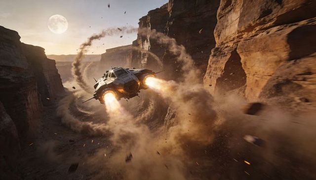 Futuristic starship racing through narrow sandstone canyon with twin thruster fire