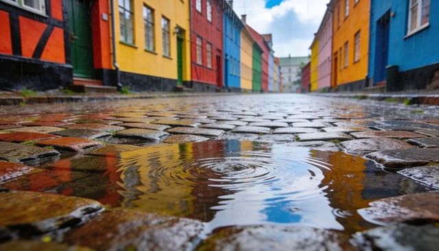Rain-kissed cobblestone alley reflecting colorful facades and raindrop ripples