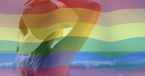 Woman at Beach Holding Hat with Colorful Overlay