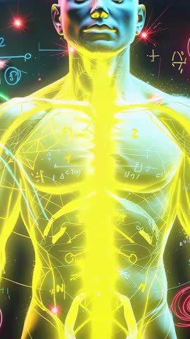 Initializing neon torso pulsing spine with floating symbols futuristic vertical video