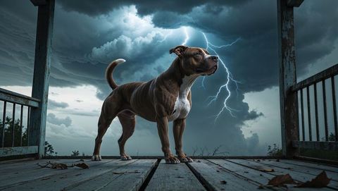 Bold pitbull dog standing on deck with thrilling storm background