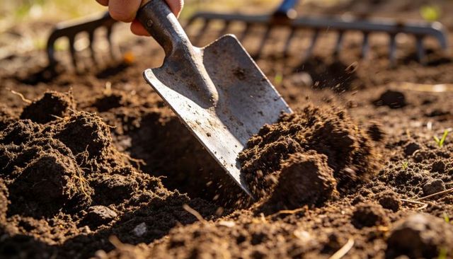 Hand digging with metal trowel turning rich dark soil in sunlit garden bed preparing for planting
