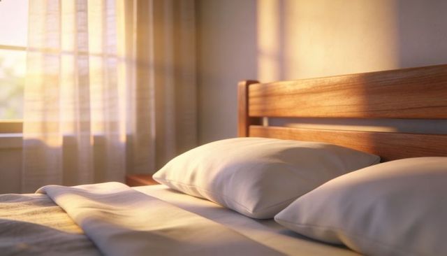Sunlight streaming across cozy bed with wooden slatted headboard and white pillows