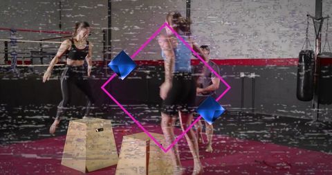 Female athlete jumping onto plyo box in boxing gym with neon diamond and glitch overlay