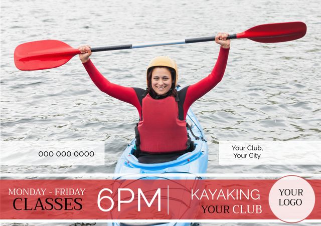 Happy Woman Kayaking Holds Paddle Overhead Displaying Excitement - Download Free Stock Templates Pikwizard.com