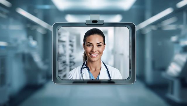Smiling female physician on tablet screen in hospital corridor for telemedicine consult