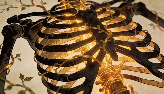 Glowing ribcage and spine entwining golden vines on aged parchment illustration