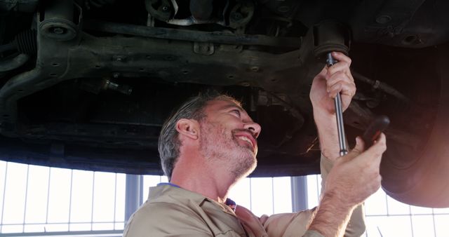 Smiling Male Mechanic Fixing Car Undercarriage in Garage - Download Free Stock Images Pikwizard.com