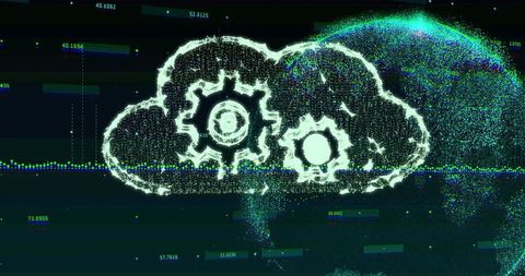 Glitch particle cloud with gears visualizing data flow and cloud ops