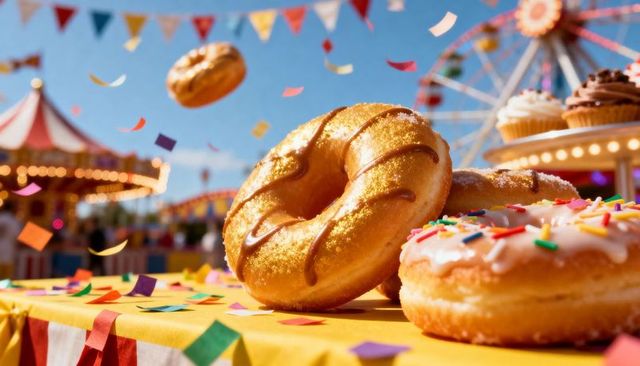 Glazed and sprinkled donuts at colorful carnival table with ferris wheel background