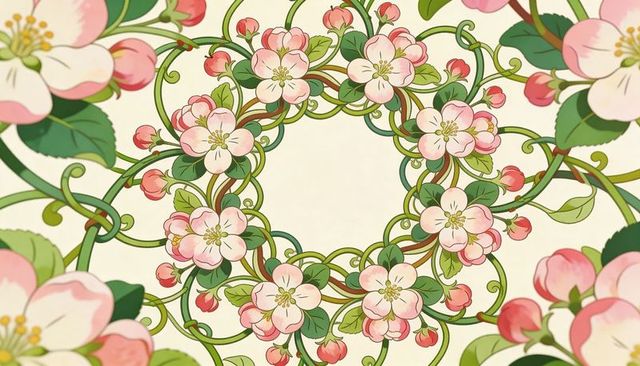 Ornate art nouveau floral wreath with pink blossoms and twining green vines circular frame