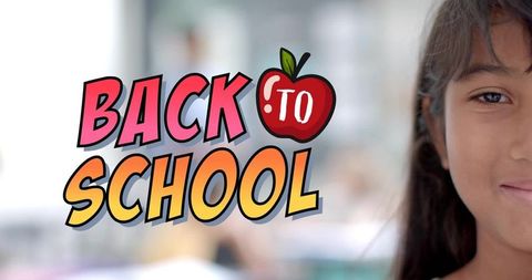 Back to school girl half portrait smiling with colorful text and red apple