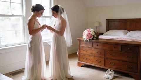 Bridesmaid adjusting bride veil in sunlit bedroom moments before ceremony
