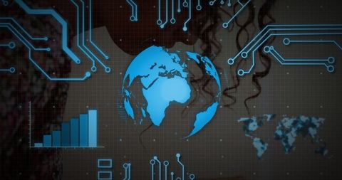 Futuristic Digital Globe with Circuit Connections and Data Visualization