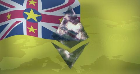 Niuean flag blended with ethereum logo over map background