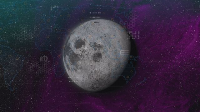 Futuristic illustration of moon with circuit board patterns and geometric overlays on map. Ideal for technology, science, and digital transformation projects. Useful for presentations, educational materials, and concept visualizations.