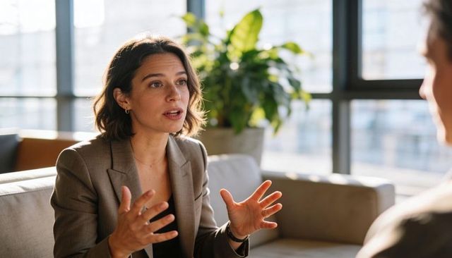 Confident professional woman gesturing while leading animated meeting in office lounge