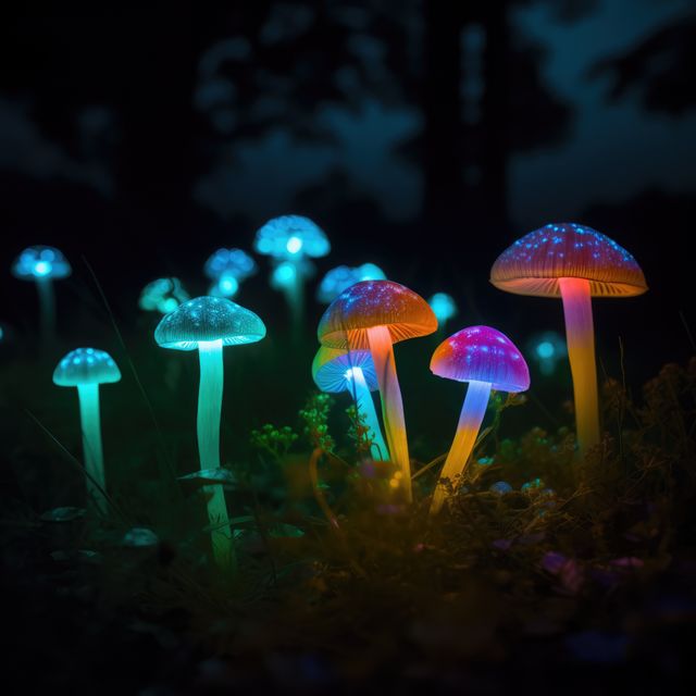 Bioluminescent mushrooms in forest, casting vibrant lights, creating magical atmosphere. Ideal for articles on nature's wonders, fantasy illustrations, wallpapers, and creative calenders.