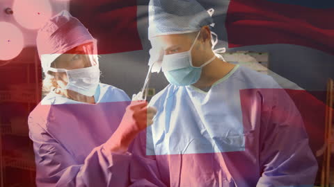 Caucasian Surgeons in Operating Room with Swiss Flag Overlay