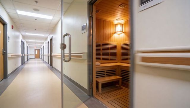 Glass door opening to warm wood sauna along bright corridor in spa and wellness center