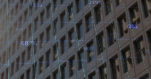 Modern skyscraper with overlaid digital data visualization