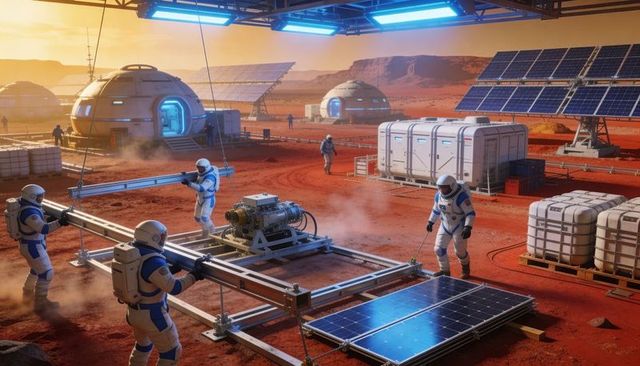 Mars colony crew assembling solar arrays at red planet habitat during golden sunset