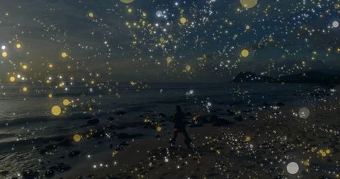 Silhouetted figure walking along twilight beach with golden bokeh lights overlay