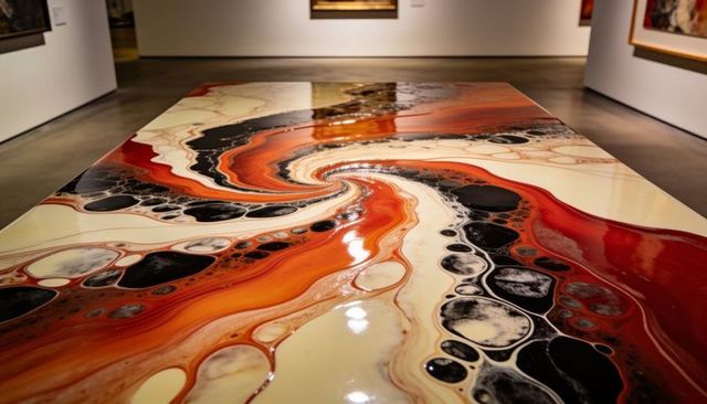 Glossy resin panel featuring swirling red-orange marbling with cellular black accents