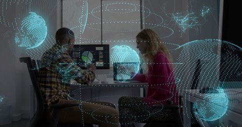 Futuristic Office Collaboration with Dynamic Hologram Visuals