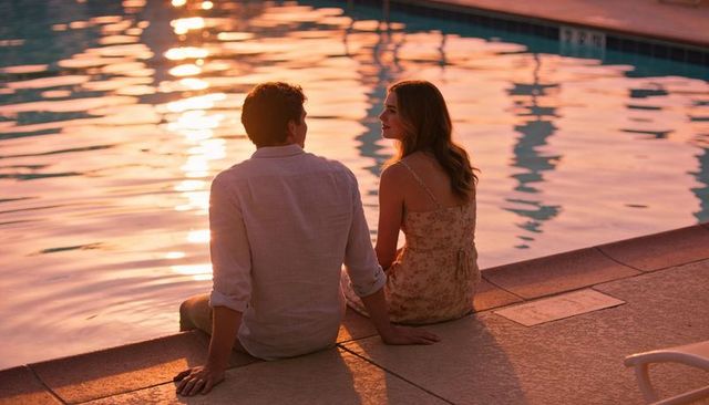 Couple sharing sunset at poolside on tiled deck, romantic evening conversation