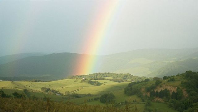 Majestic Rainbow Over Lush Green Valley in Serene Landscape