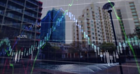 Financial Charts Overlaid on Modern Cityscape Skyline