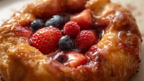 Macro video showing glazed mixed-berry galette with flaky golden crust and glossy fruit glaze