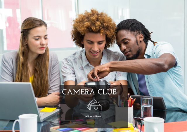 Perfect for representing creativity, photography learning, and youthful energy. Ideal for articles, blogs, or promotional material related to photography workshops, camera clubs, technology in creative arts, and team activities among young professionals.