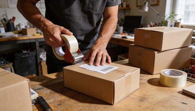 Warehouse worker sealing shipping box with tape dispenser on busy packing workstation