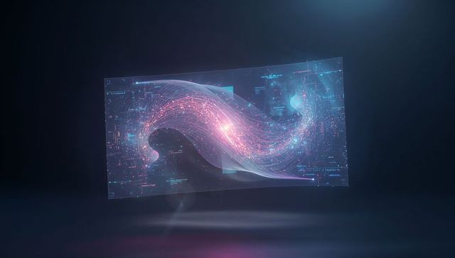 Holographic particle wave interface with neon ribbon, glowing core and futuristic circuit ui