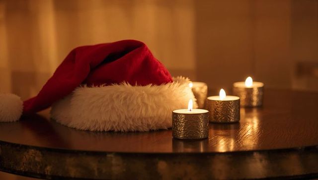 Santa Hat and Tealight Candles Creating Warm Golden Holiday Glow on Wooden Table
