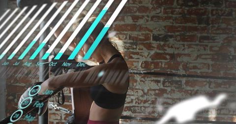 Leaning female boxer pressing on ring ropes in industrial gym with digital fitness overlay