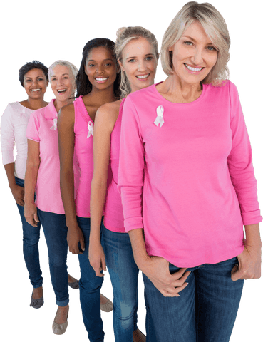 Diverse Women Smiling in Pink for Breast Cancer Awareness Transparent Background