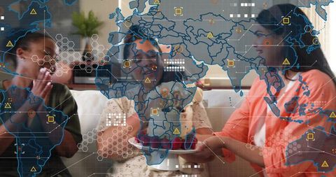 Friends celebrating birthday at home with cake and augmented reality global overlay