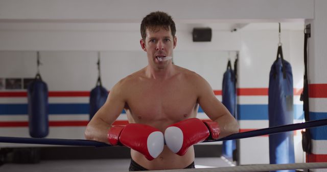 Determined Boxer with Red Gloves Leaning on Ropes in Gym - Download Free Stock Images Pikwizard.com