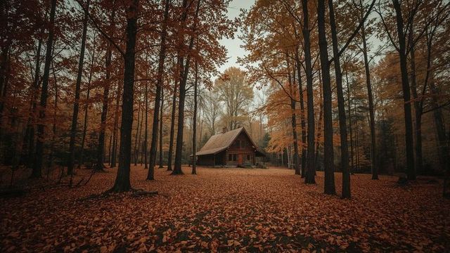 Rustic Log Cabin amidst Autumn Foliage in Forest Clearing