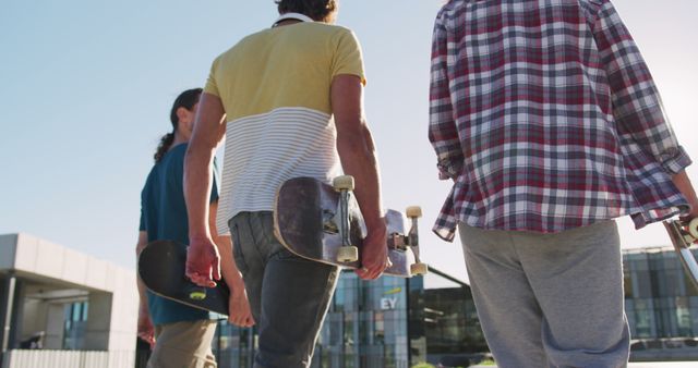 Back view of caucasian woman and two male friends walking, talking on sunny day. hanging out at skate park in summer.