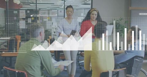 Team collaborating during data-driven meeting with charts and analytics overlay in office